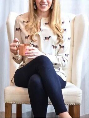 Tory Burch Cream Button Down Silk Blouse with horse Print